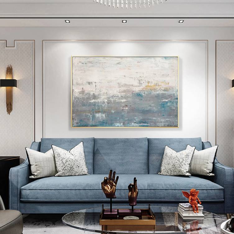 Painting Handmade Original Gray Yellow Blue Abstract Canvas Wall Art Y453C